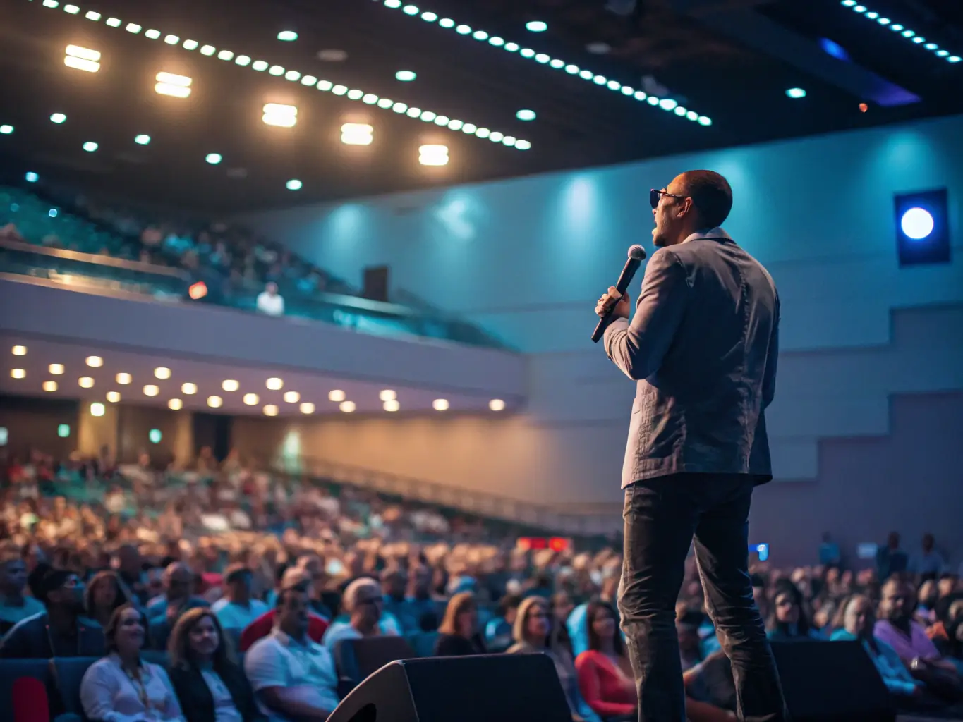 A photograph of a keynote speaker delivering a presentation on stage at a strategy conference, with a large screen displaying data visualizations and the audience attentively listening.