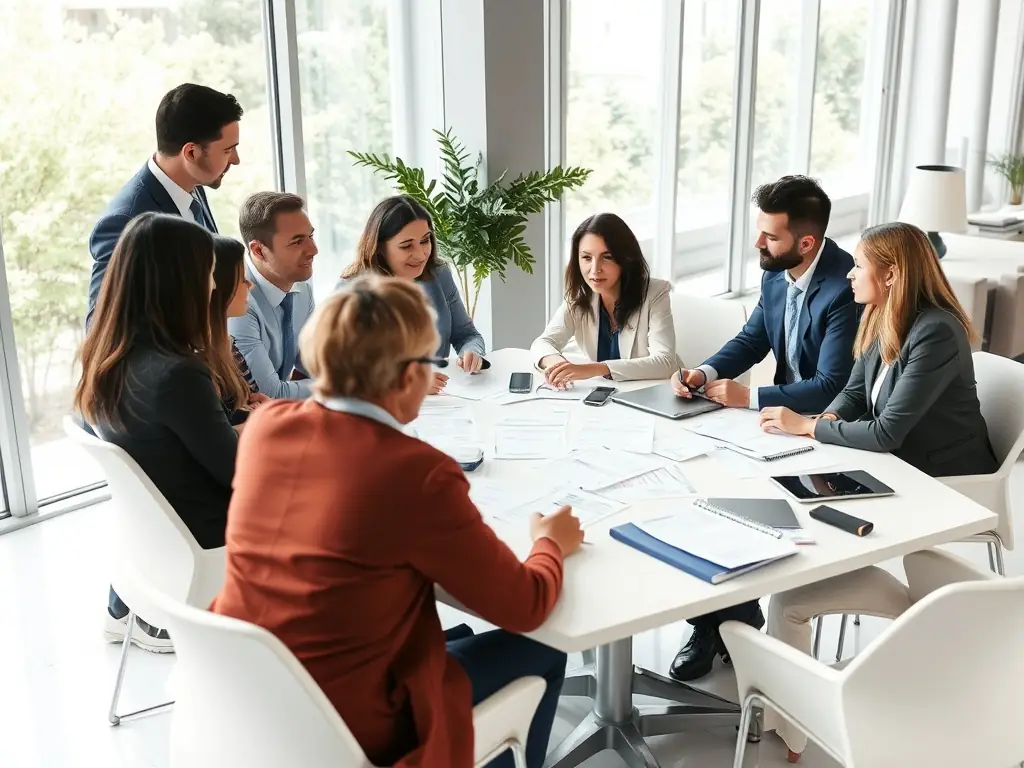 A photograph of a diverse group of professionals actively participating in a workshop session at a leadership conference, with engaged expressions and collaborative body language, set against a backdrop of modern conference facilities.
